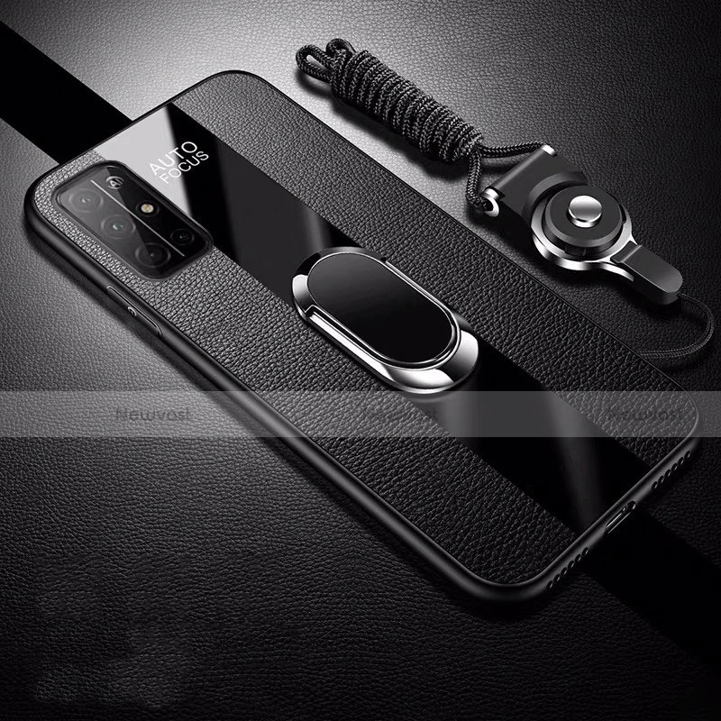 Soft Silicone Gel Leather Snap On Case Cover with Magnetic Finger Ring Stand S01 for Huawei Honor 30S Black