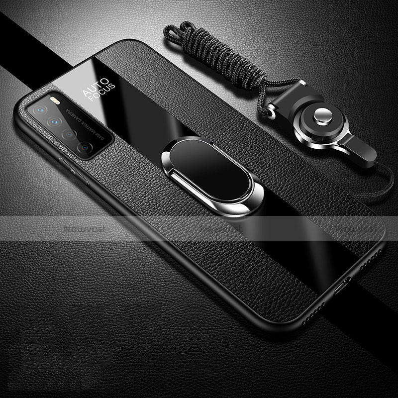 Soft Silicone Gel Leather Snap On Case Cover with Magnetic Finger Ring Stand S01 for Huawei Honor Play4 5G