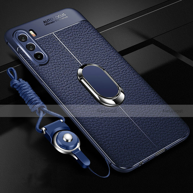 Soft Silicone Gel Leather Snap On Case Cover with Magnetic Finger Ring Stand S01 for Huawei Mate 40 Lite 5G Blue