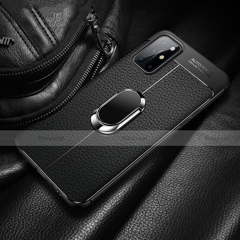 Soft Silicone Gel Leather Snap On Case Cover with Magnetic Finger Ring Stand S01 for OnePlus 8T 5G