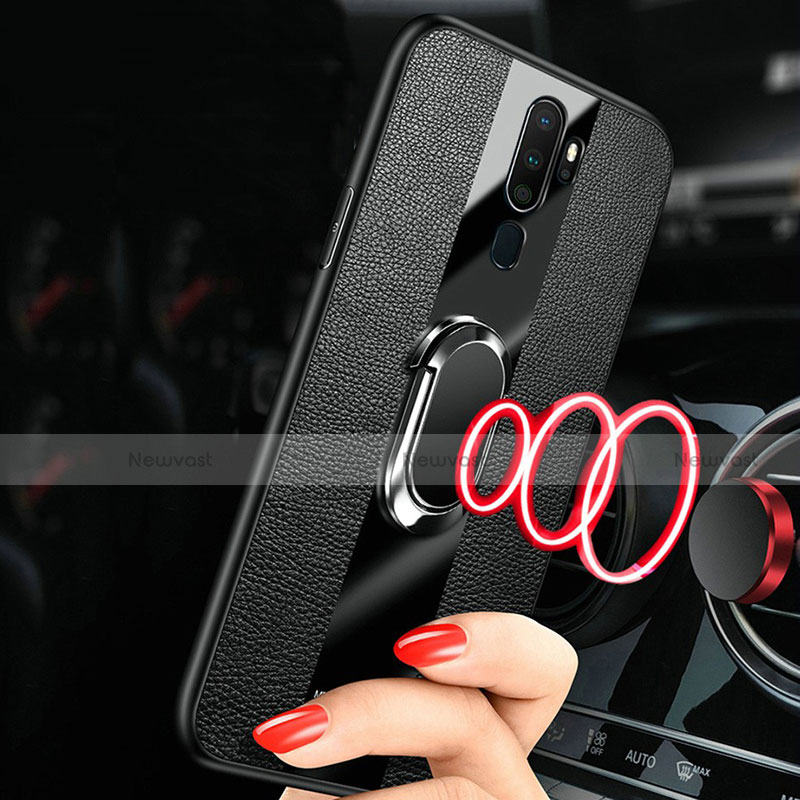 Soft Silicone Gel Leather Snap On Case Cover with Magnetic Finger Ring Stand S01 for Oppo A5 (2020)