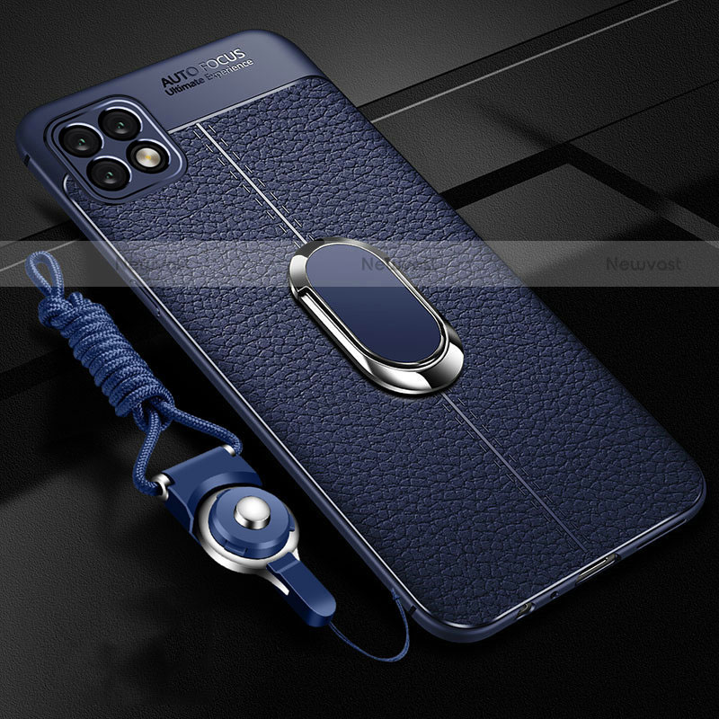 Soft Silicone Gel Leather Snap On Case Cover with Magnetic Finger Ring Stand S01 for Oppo A72 5G Blue