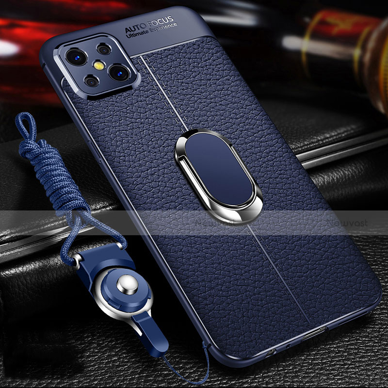 Soft Silicone Gel Leather Snap On Case Cover with Magnetic Finger Ring Stand S01 for Oppo A92s 5G Blue