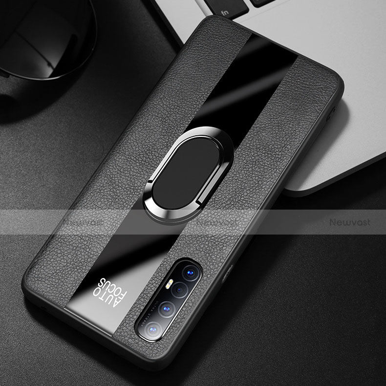 Soft Silicone Gel Leather Snap On Case Cover with Magnetic Finger Ring Stand S01 for Oppo Find X2 Neo Black