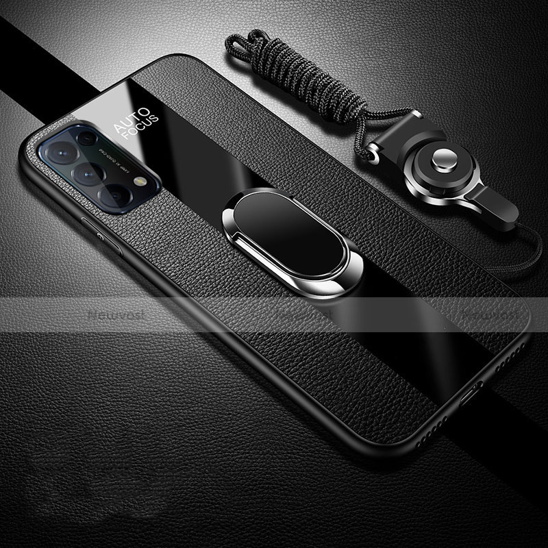 Soft Silicone Gel Leather Snap On Case Cover with Magnetic Finger Ring Stand S01 for Oppo Reno5 5G Black