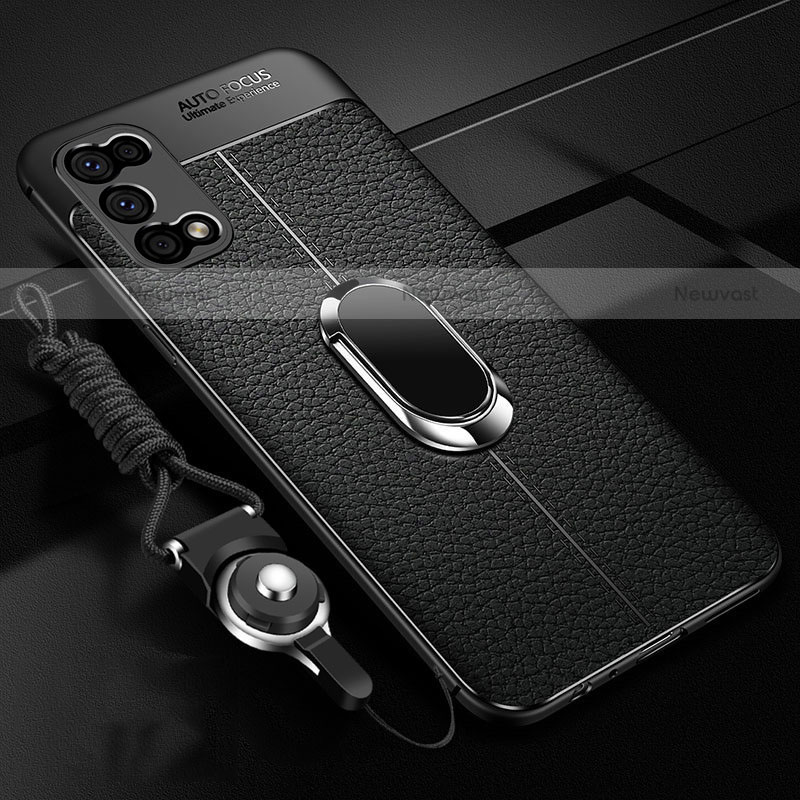 Soft Silicone Gel Leather Snap On Case Cover with Magnetic Finger Ring Stand S01 for Realme V5 5G Black