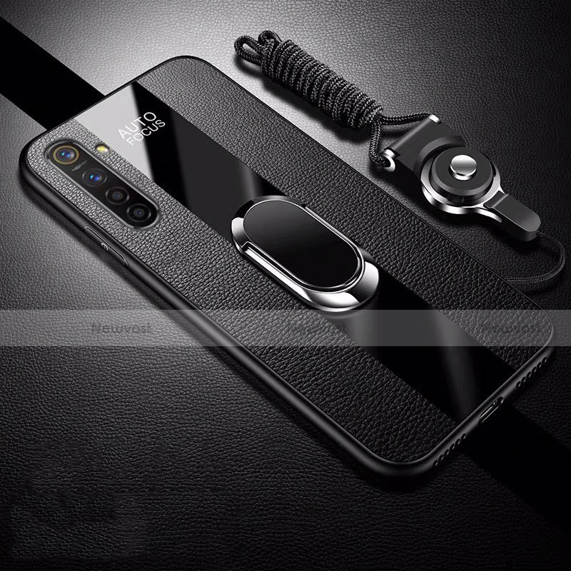 Soft Silicone Gel Leather Snap On Case Cover with Magnetic Finger Ring Stand S01 for Realme XT Black
