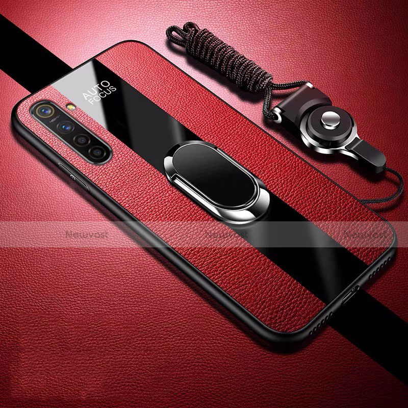 Soft Silicone Gel Leather Snap On Case Cover with Magnetic Finger Ring Stand S01 for Realme XT Red