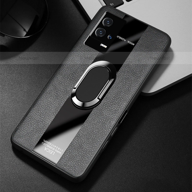 Soft Silicone Gel Leather Snap On Case Cover with Magnetic Finger Ring Stand S01 for Vivo iQOO 8 5G