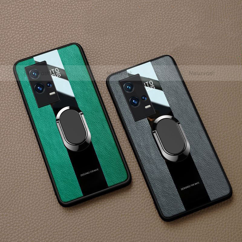 Soft Silicone Gel Leather Snap On Case Cover with Magnetic Finger Ring Stand S01 for Vivo iQOO 8 Pro 5G