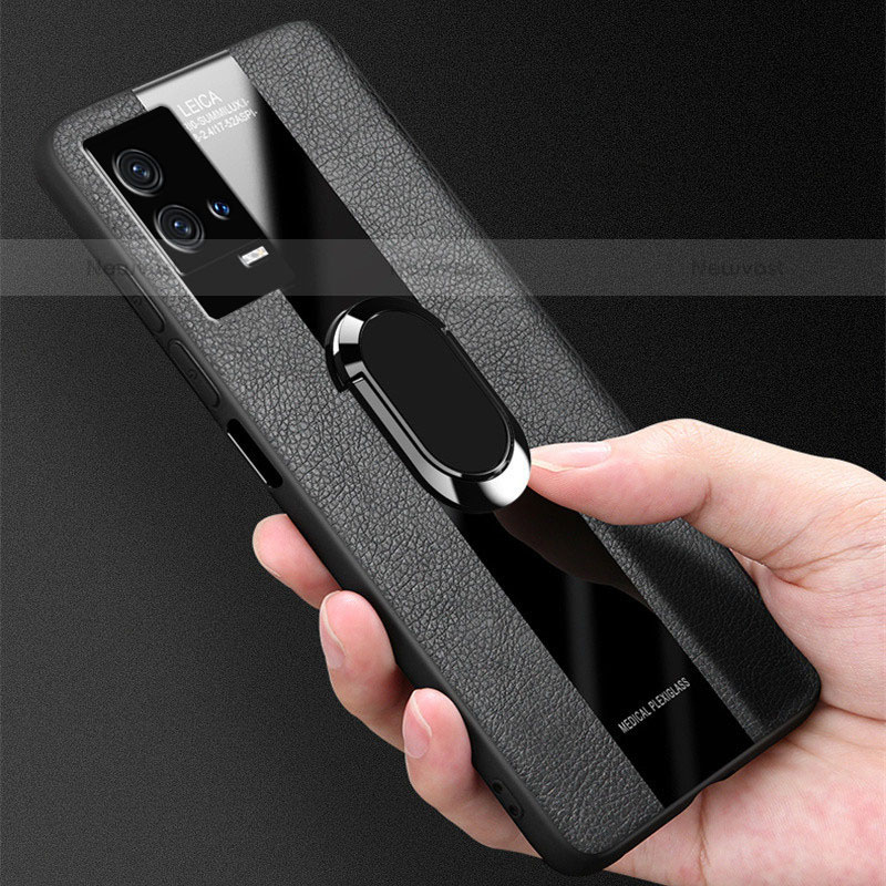 Soft Silicone Gel Leather Snap On Case Cover with Magnetic Finger Ring Stand S01 for Vivo iQOO 8 Pro 5G