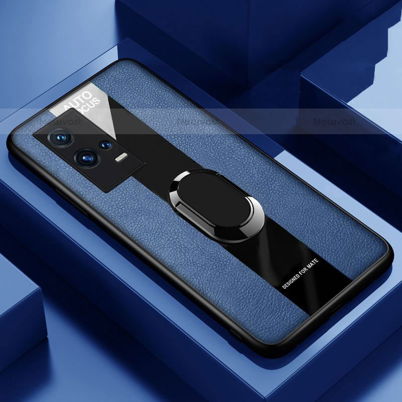 Soft Silicone Gel Leather Snap On Case Cover with Magnetic Finger Ring Stand S01 for Vivo iQOO 8 Pro 5G Blue
