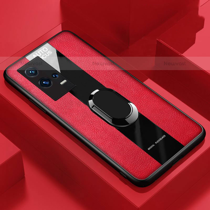 Soft Silicone Gel Leather Snap On Case Cover with Magnetic Finger Ring Stand S01 for Vivo iQOO 8 Pro 5G Red