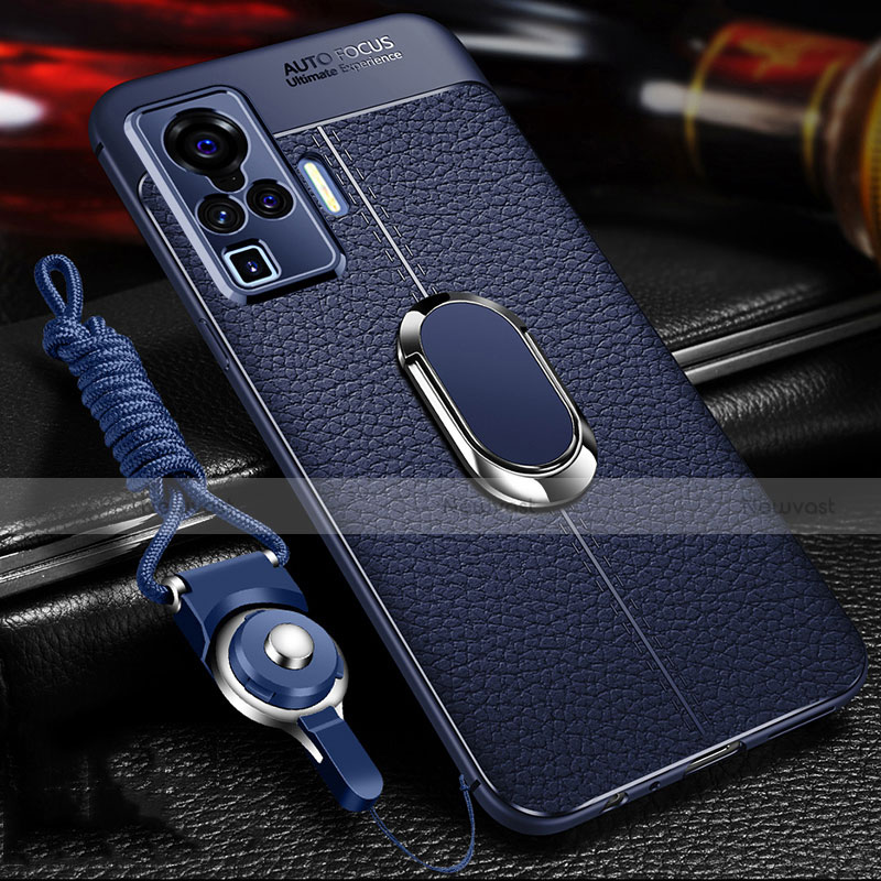 Soft Silicone Gel Leather Snap On Case Cover with Magnetic Finger Ring Stand S01 for Vivo X50 Pro 5G