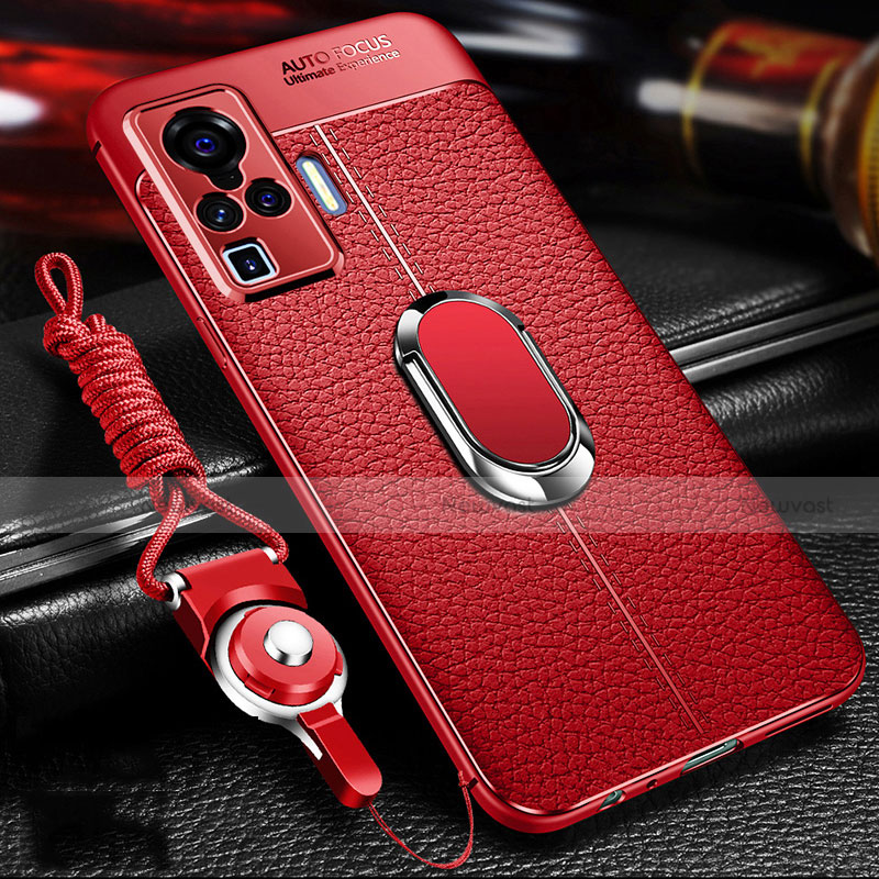 Soft Silicone Gel Leather Snap On Case Cover with Magnetic Finger Ring Stand S01 for Vivo X51 5G Red