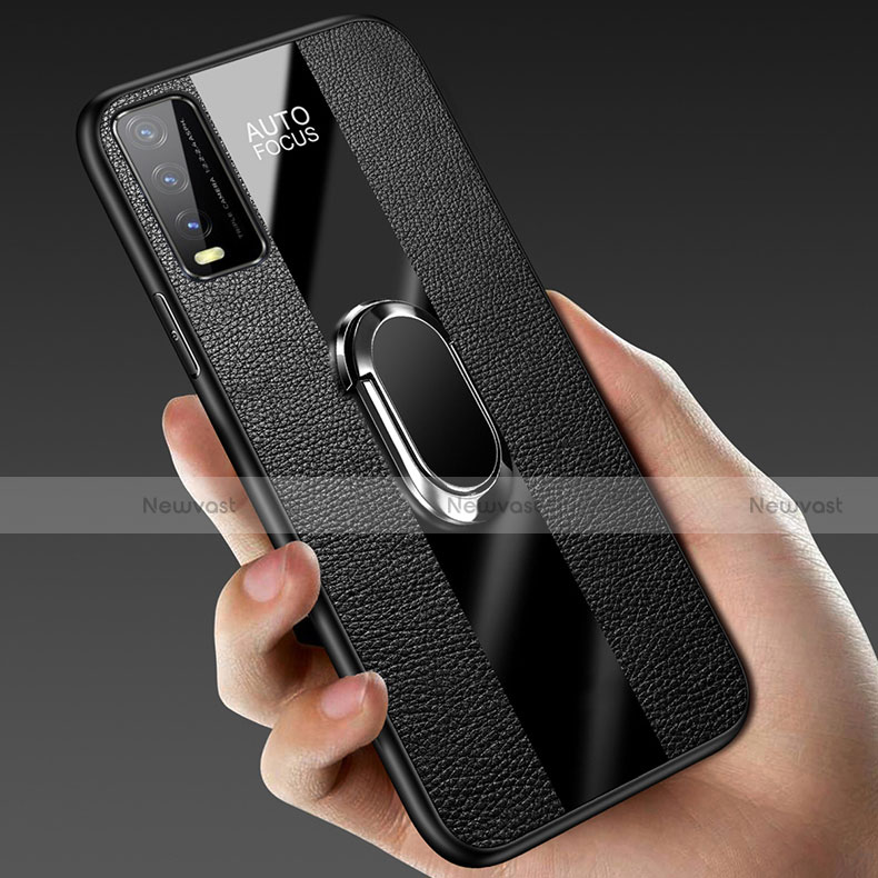 Soft Silicone Gel Leather Snap On Case Cover with Magnetic Finger Ring Stand S01 for Vivo Y11s