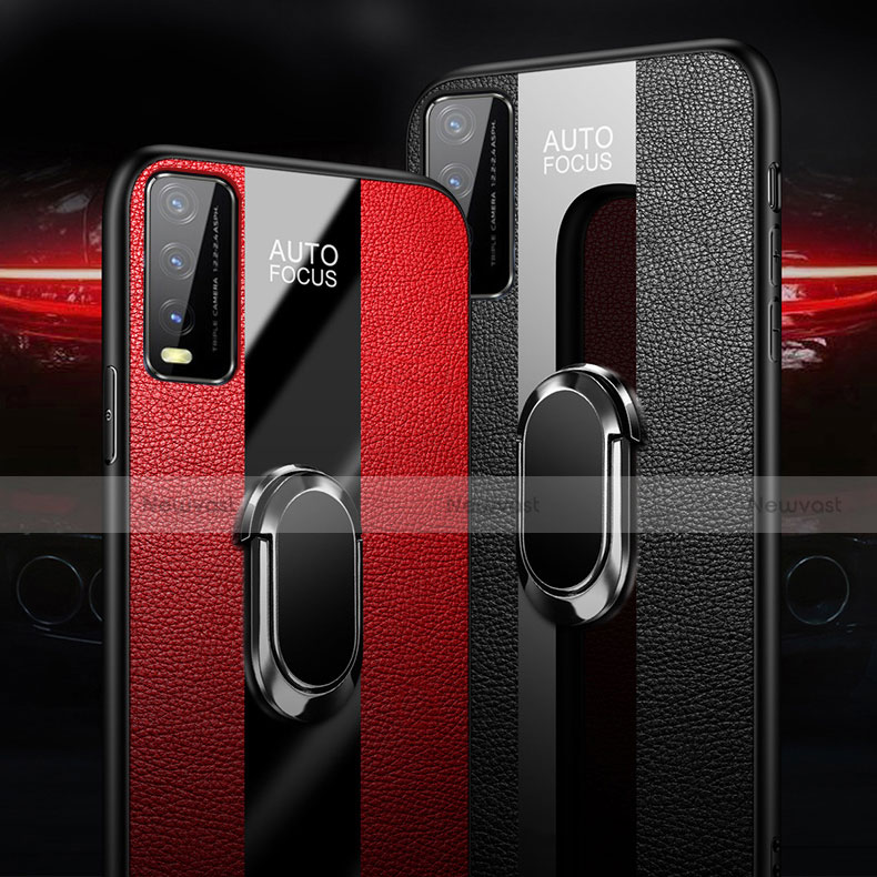 Soft Silicone Gel Leather Snap On Case Cover with Magnetic Finger Ring Stand S01 for Vivo Y12s