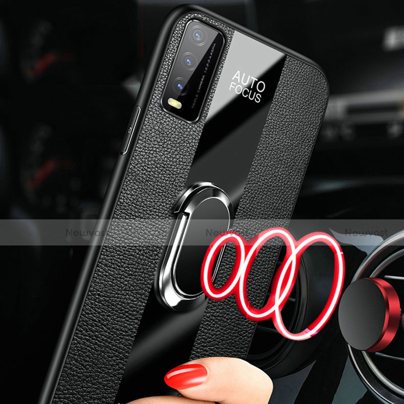 Soft Silicone Gel Leather Snap On Case Cover with Magnetic Finger Ring Stand S01 for Vivo Y12s