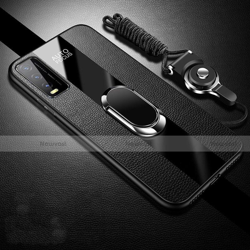 Soft Silicone Gel Leather Snap On Case Cover with Magnetic Finger Ring Stand S01 for Vivo Y20s Black