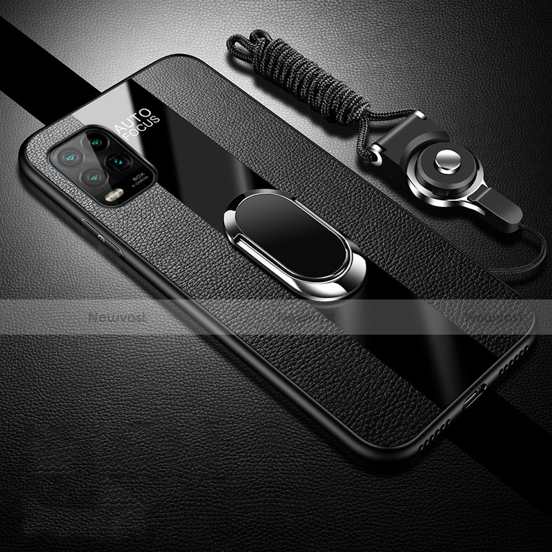 Soft Silicone Gel Leather Snap On Case Cover with Magnetic Finger Ring Stand S01 for Xiaomi Mi 10 Lite Black