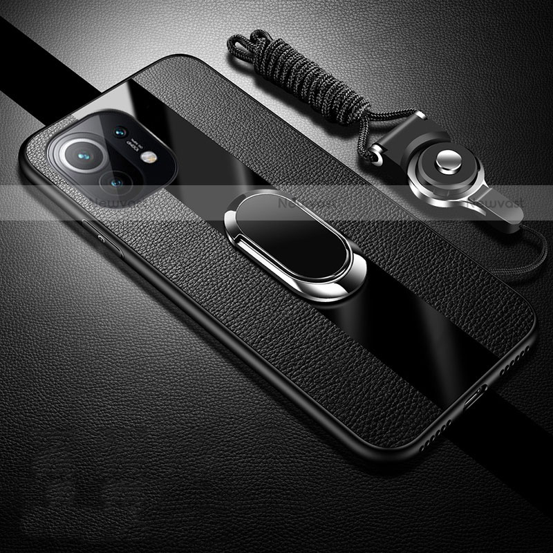 Soft Silicone Gel Leather Snap On Case Cover with Magnetic Finger Ring Stand S01 for Xiaomi Mi 11 5G