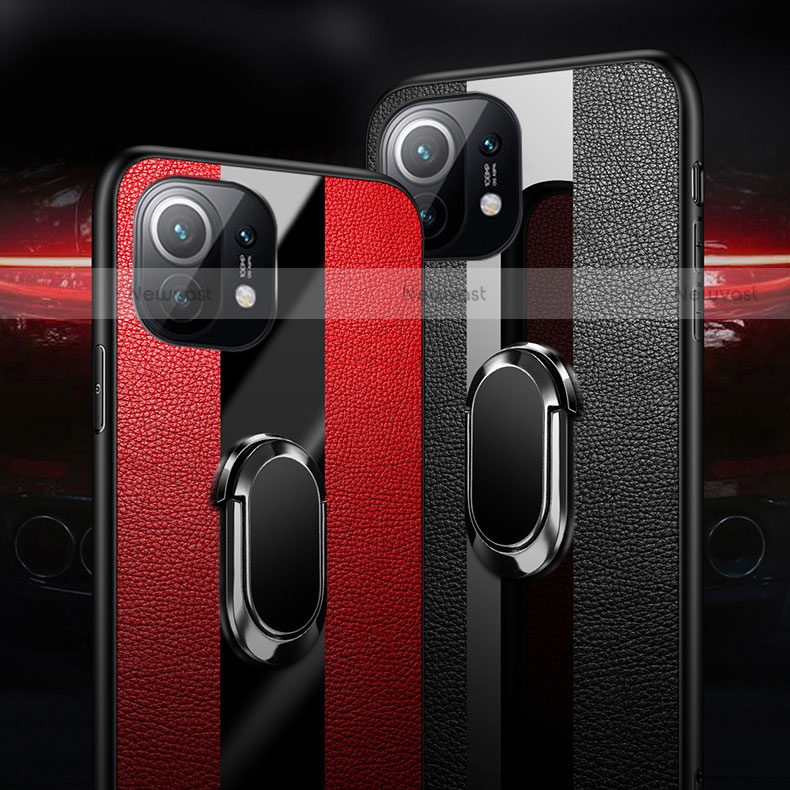 Soft Silicone Gel Leather Snap On Case Cover with Magnetic Finger Ring Stand S01 for Xiaomi Mi 11 5G