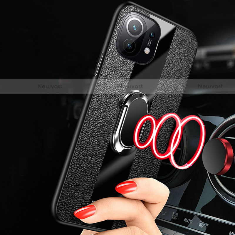 Soft Silicone Gel Leather Snap On Case Cover with Magnetic Finger Ring Stand S01 for Xiaomi Mi 11 5G