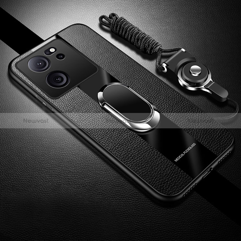 Soft Silicone Gel Leather Snap On Case Cover with Magnetic Finger Ring Stand S01 for Xiaomi Mi 13T Pro 5G Black