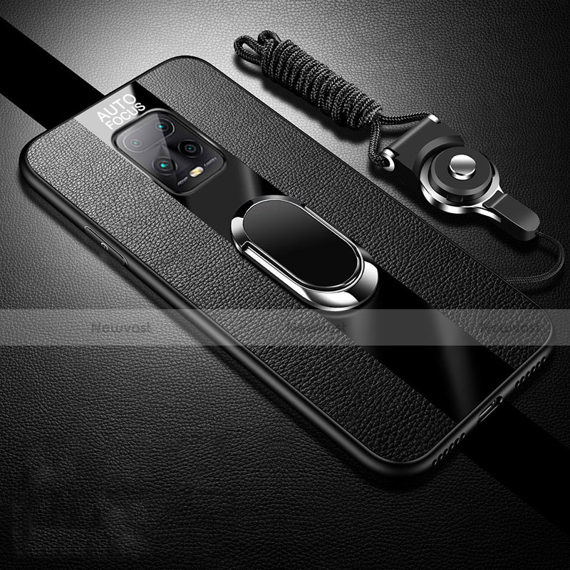 Soft Silicone Gel Leather Snap On Case Cover with Magnetic Finger Ring Stand S01 for Xiaomi Redmi 10X Pro 5G Black