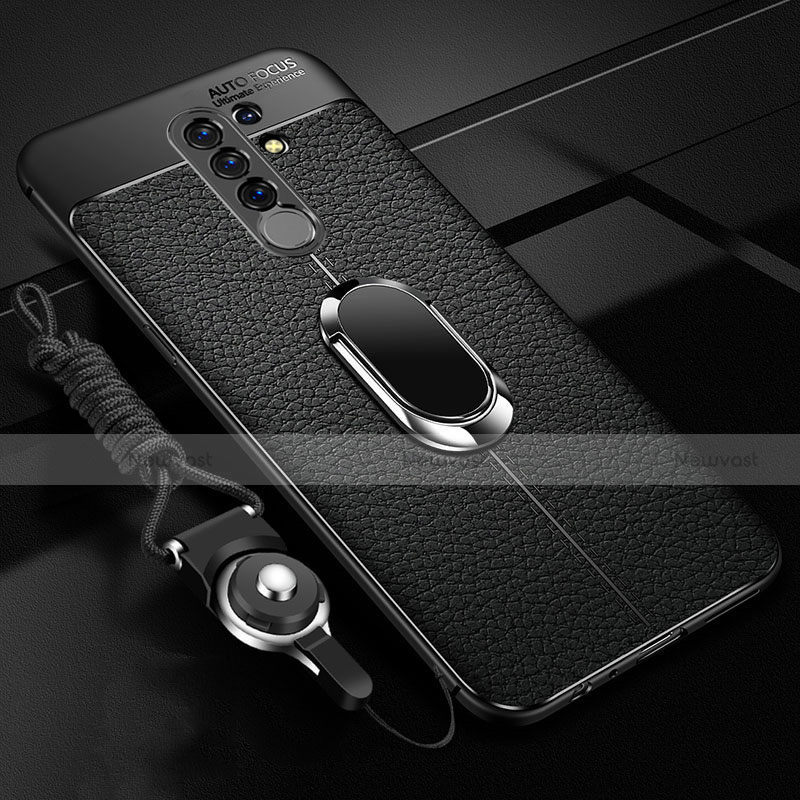 Soft Silicone Gel Leather Snap On Case Cover with Magnetic Finger Ring Stand S01 for Xiaomi Redmi 9 Black