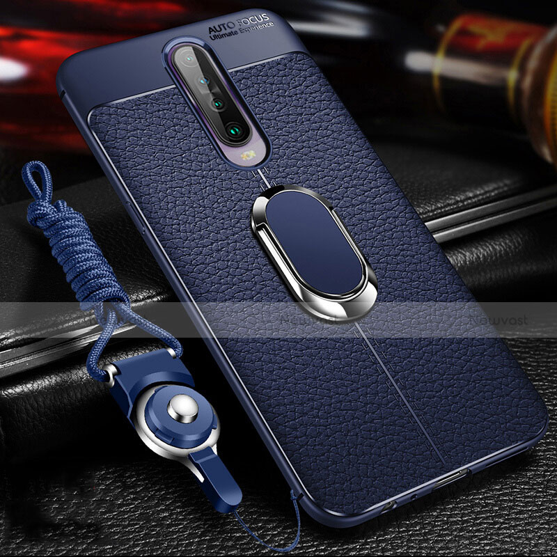 Soft Silicone Gel Leather Snap On Case Cover with Magnetic Finger Ring Stand S01 for Xiaomi Redmi K30 4G Blue