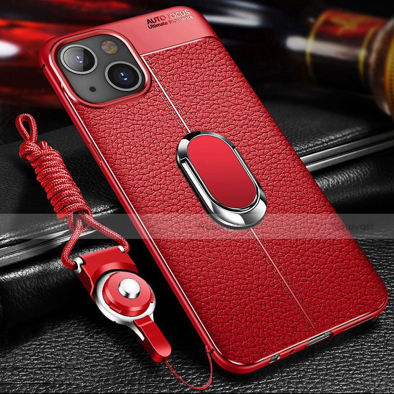 Soft Silicone Gel Leather Snap On Case Cover with Magnetic Finger Ring Stand S02 for Apple iPhone 13 Mini Red