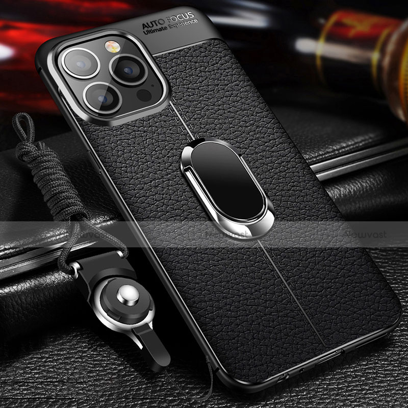 Soft Silicone Gel Leather Snap On Case Cover with Magnetic Finger Ring Stand S02 for Apple iPhone 13 Pro Black