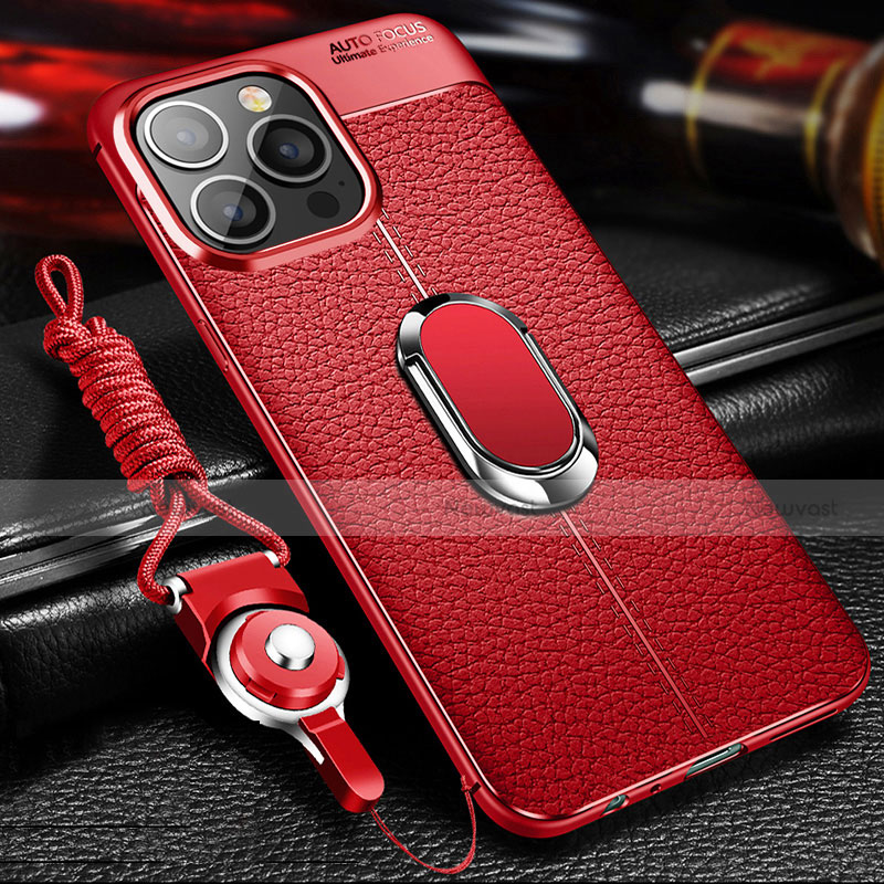 Soft Silicone Gel Leather Snap On Case Cover with Magnetic Finger Ring Stand S02 for Apple iPhone 13 Pro Max Red
