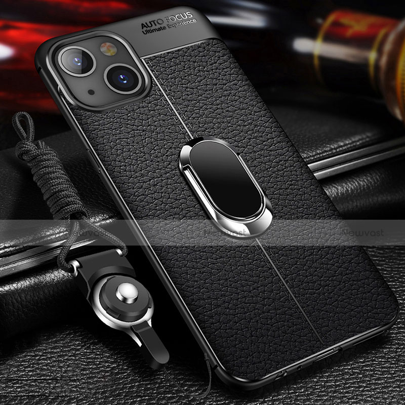 Soft Silicone Gel Leather Snap On Case Cover with Magnetic Finger Ring Stand S02 for Apple iPhone 14 Black
