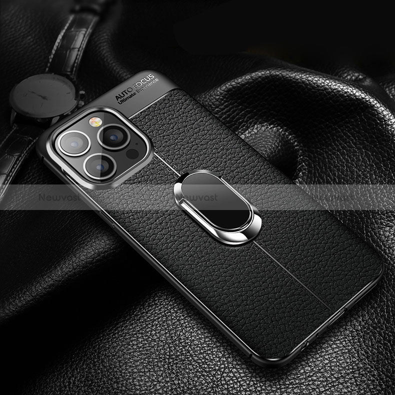 Soft Silicone Gel Leather Snap On Case Cover with Magnetic Finger Ring Stand S02 for Apple iPhone 14 Pro