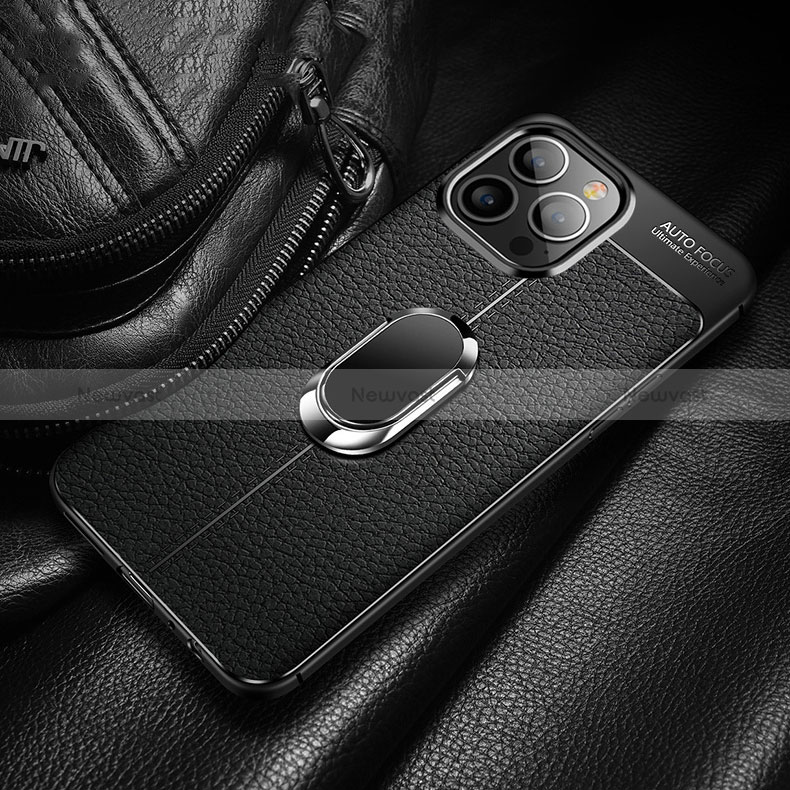 Soft Silicone Gel Leather Snap On Case Cover with Magnetic Finger Ring Stand S02 for Apple iPhone 14 Pro