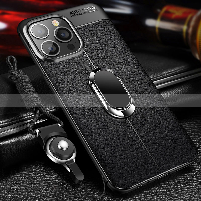 Soft Silicone Gel Leather Snap On Case Cover with Magnetic Finger Ring Stand S02 for Apple iPhone 14 Pro Black