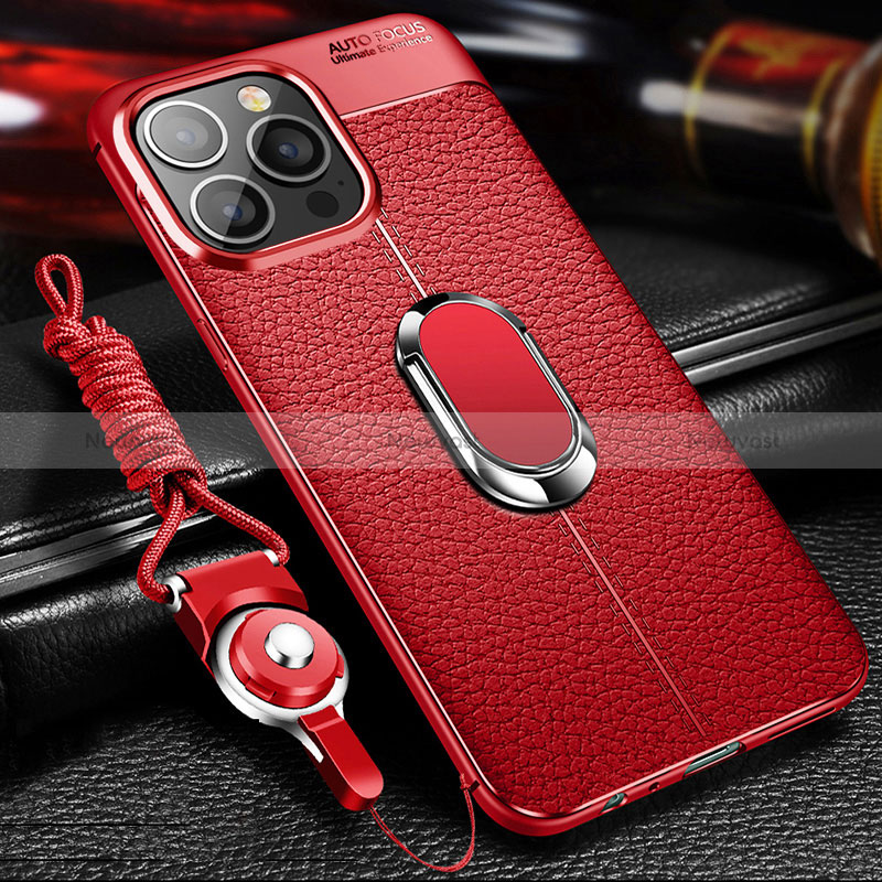 Soft Silicone Gel Leather Snap On Case Cover with Magnetic Finger Ring Stand S02 for Apple iPhone 14 Pro Max Red