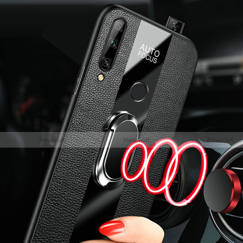 Soft Silicone Gel Leather Snap On Case Cover with Magnetic Finger Ring Stand S02 for Huawei Enjoy 10 Plus
