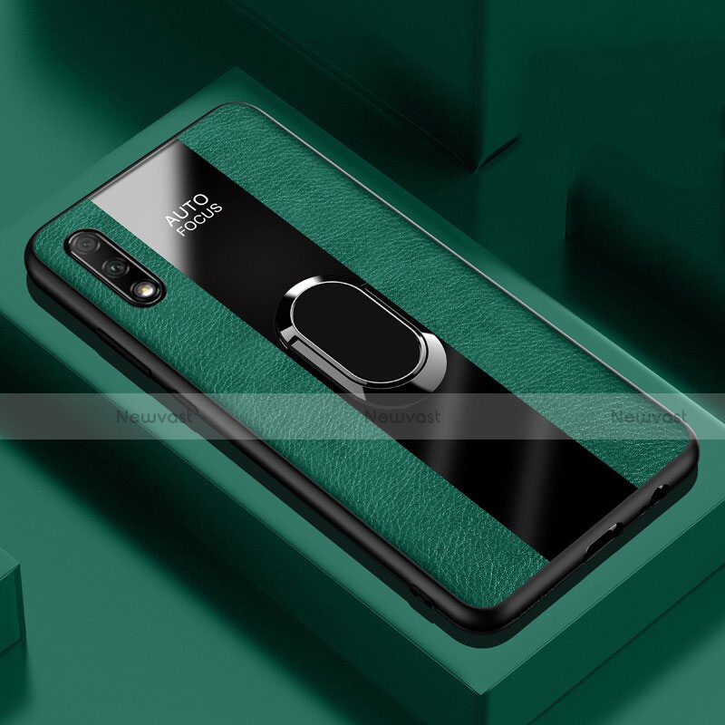 Soft Silicone Gel Leather Snap On Case Cover with Magnetic Finger Ring Stand S02 for Huawei Honor 9X Green