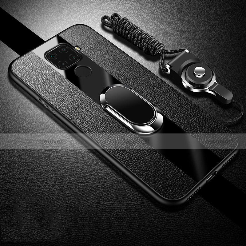Soft Silicone Gel Leather Snap On Case Cover with Magnetic Finger Ring Stand S02 for Huawei Mate 30 Lite Black