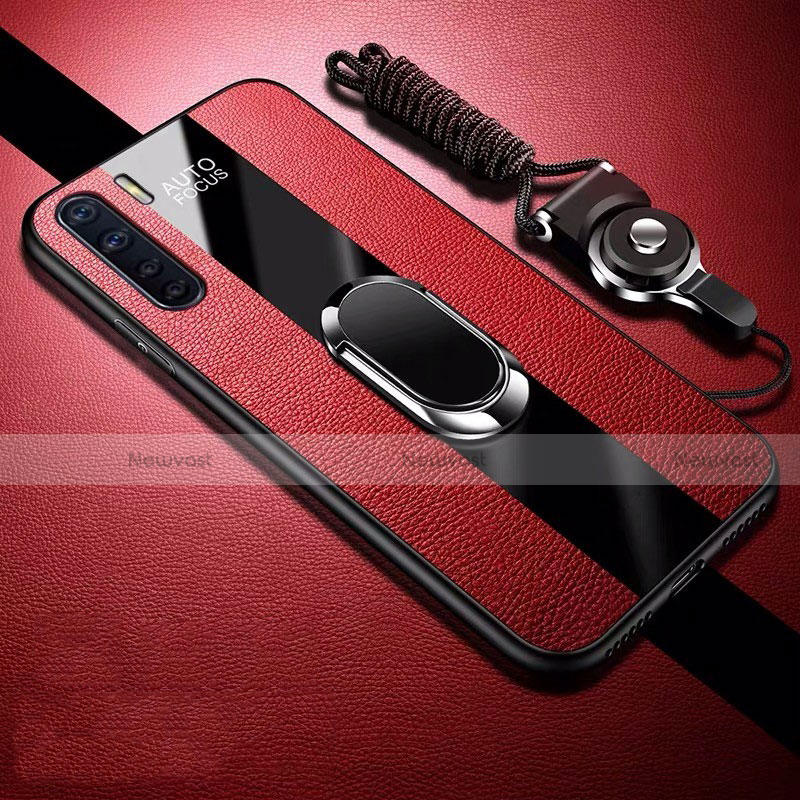 Soft Silicone Gel Leather Snap On Case Cover with Magnetic Finger Ring Stand S02 for Oppo A91 Red