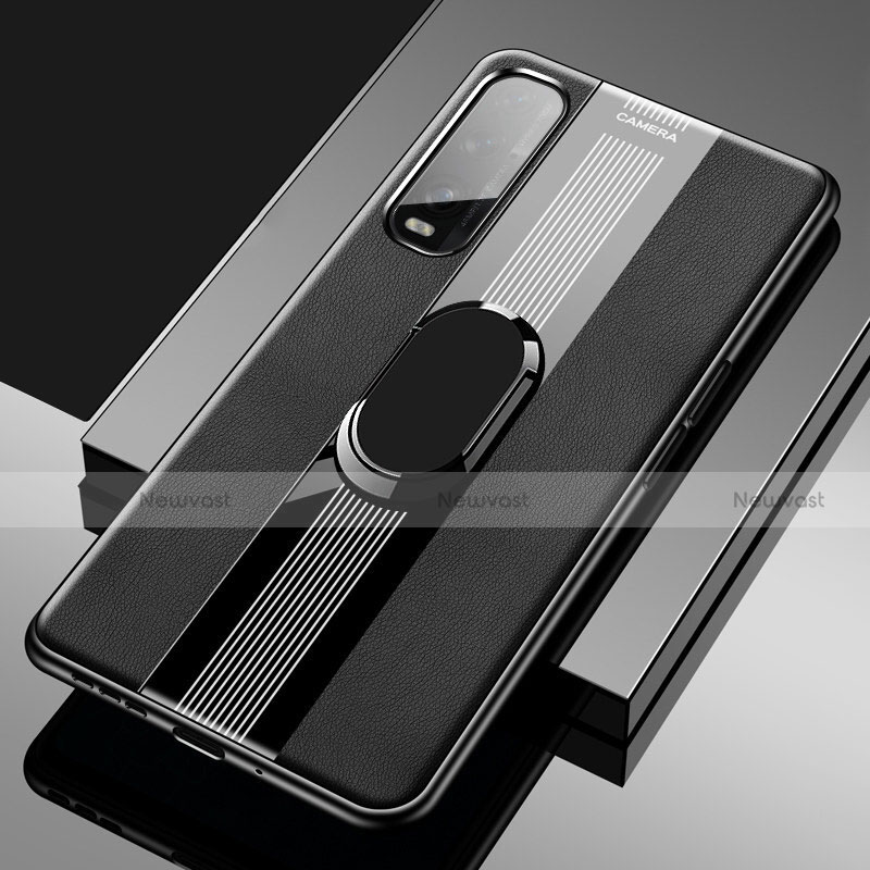 Soft Silicone Gel Leather Snap On Case Cover with Magnetic Finger Ring Stand S02 for Oppo Find X2 Black