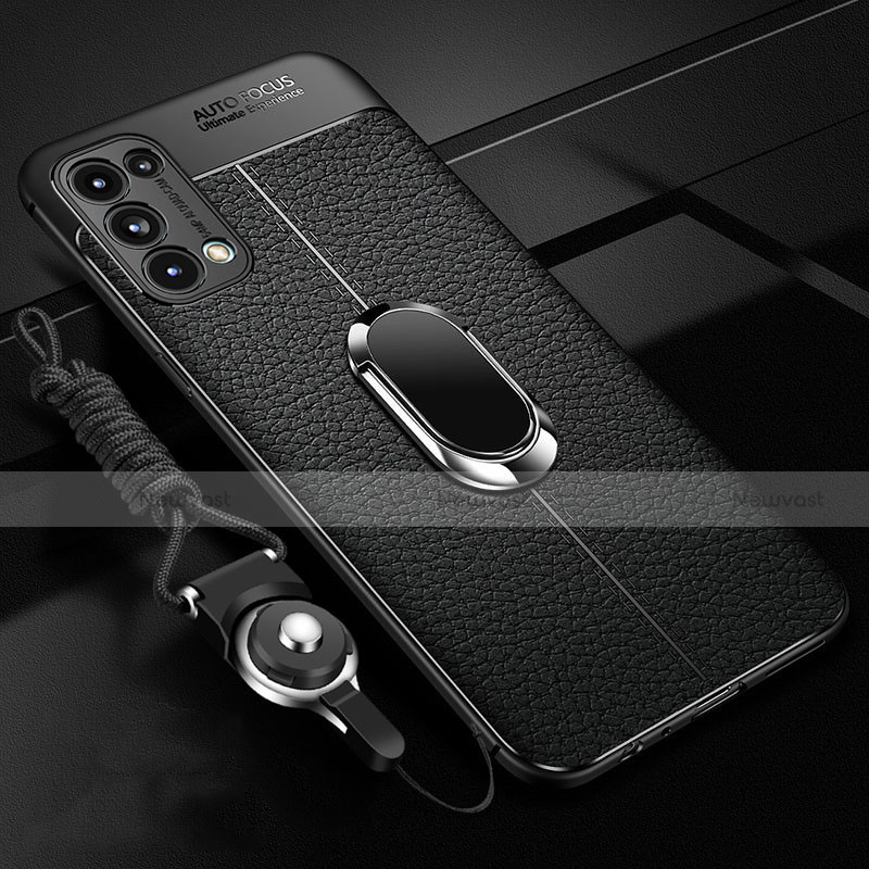 Soft Silicone Gel Leather Snap On Case Cover with Magnetic Finger Ring Stand S02 for Oppo Reno5 Pro 5G Black