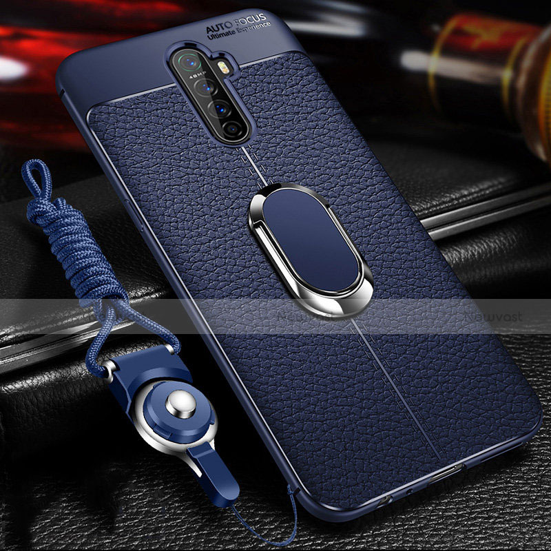 Soft Silicone Gel Leather Snap On Case Cover with Magnetic Finger Ring Stand S02 for Realme X2 Pro Blue