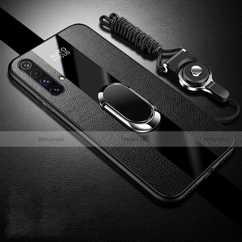 Soft Silicone Gel Leather Snap On Case Cover with Magnetic Finger Ring Stand S02 for Realme X3 SuperZoom Black