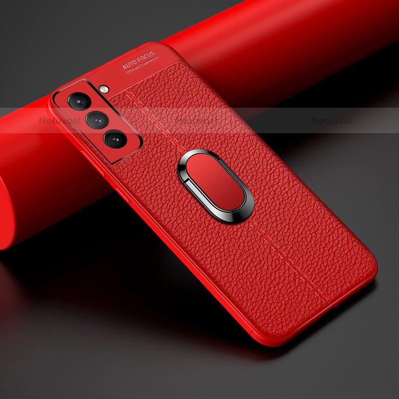 Soft Silicone Gel Leather Snap On Case Cover with Magnetic Finger Ring Stand S02 for Samsung Galaxy S21 5G Red