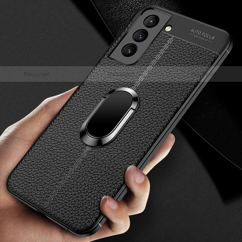 Soft Silicone Gel Leather Snap On Case Cover with Magnetic Finger Ring Stand S02 for Samsung Galaxy S21 Plus 5G