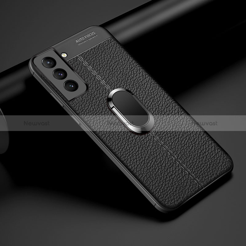 Soft Silicone Gel Leather Snap On Case Cover with Magnetic Finger Ring Stand S02 for Samsung Galaxy S24 Plus 5G Black